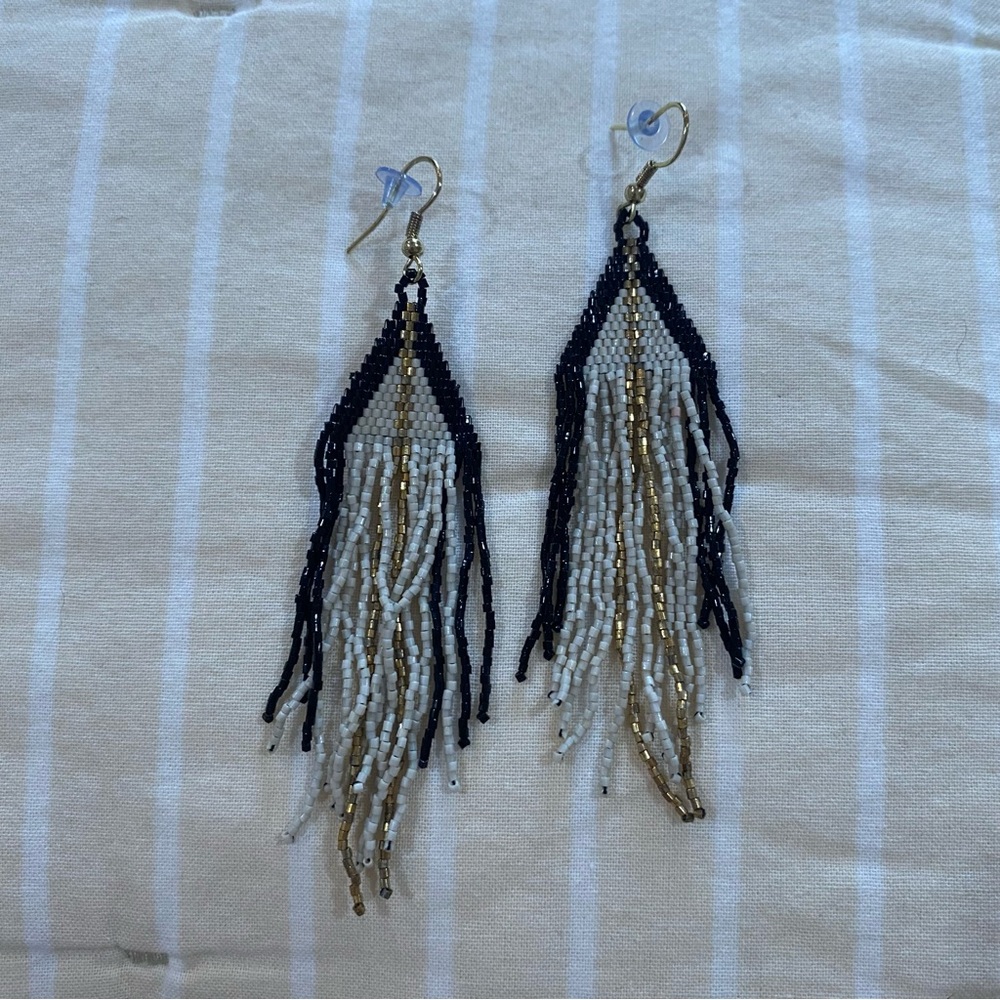 Black and Gold Beaded Fringe Earrings